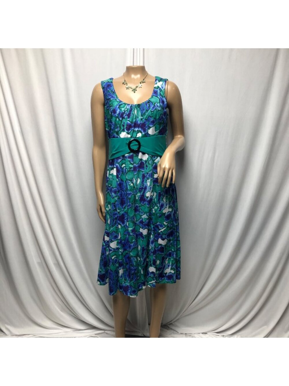 Perceptions New York Dress Womens Sz Medium Blue Green Sleeveless Floral Stretch